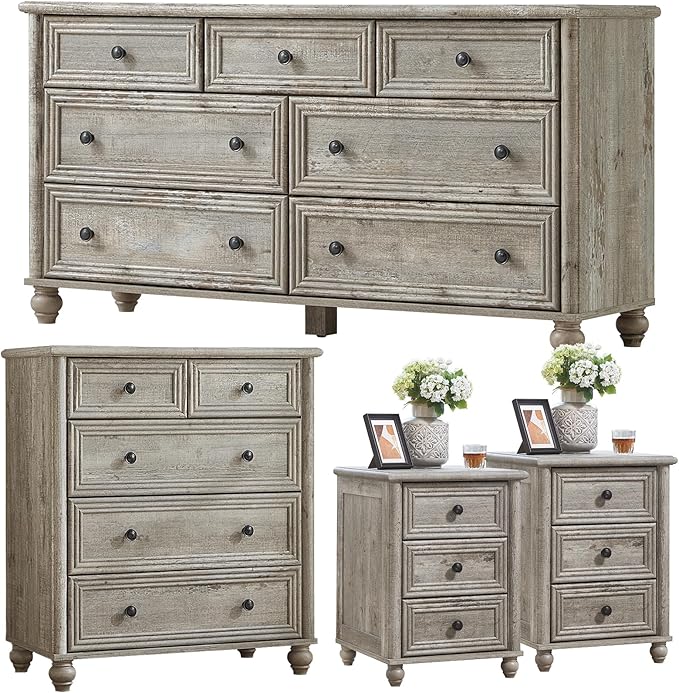 Farmhouse Dressers & Night Stand Set of 4, Wood 54" Wide 7 Drawer Dresser & 35" Tall Chest of Drawers, 18" Roman Column Nightstand Set of 2, Bedroom Furniture Dresser Sets for Home Living Room Hallway