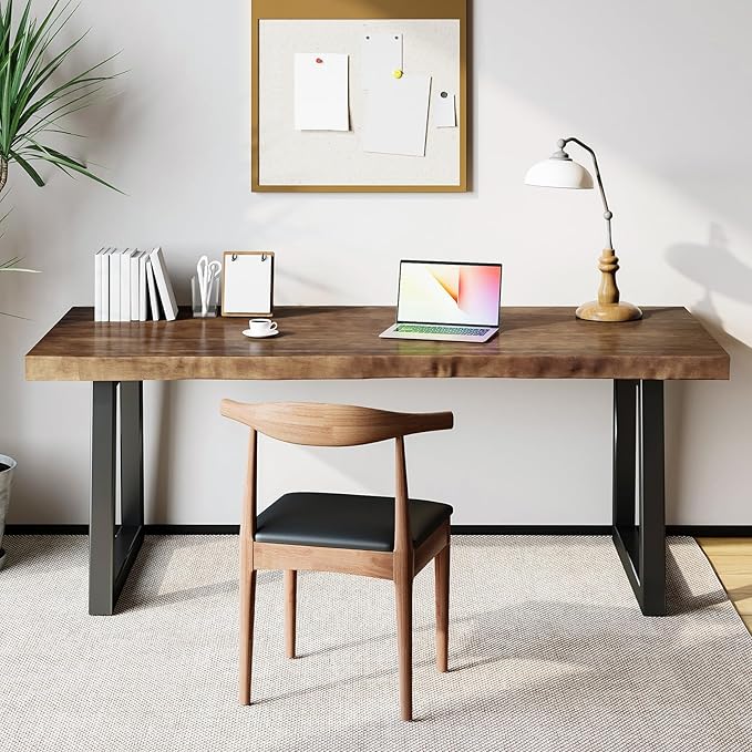 Solid Wood Desk 55 inches, Home Office Computer Desk Wooden Rustic Writing Desk Metal Modern Simple Design Executive Real Wood Desk(Dark Brown)