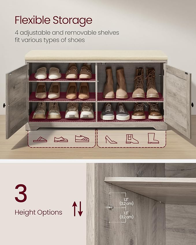 VASAGLE Shoe Storage Bench with Cushion, 3-Tier Entryway Bench with Padded Seat, Doors, Adjustable Shelves, 14 x 39.8 x 20.7 Inches, Hallway, Bedroom, Heather Greige and Cappuccino Beige ULSB044L01