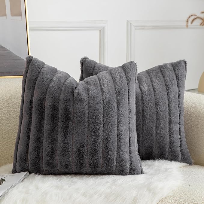 Pack of 2 Faux Fur Throw Pillow Covers 16x16 Inch Striped Decorative Soft Plush Couch Pillow Case Home Decor for Bed, Sofa, Living Room Darkgrey