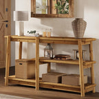 LITTLE TREE Solid Wood Console Table, 63-Inch Farmhouse Sofa Table Behind Couch, 3-Tier Entryway Table with Storage, for Living Room, Hallway in Warm Wood Color