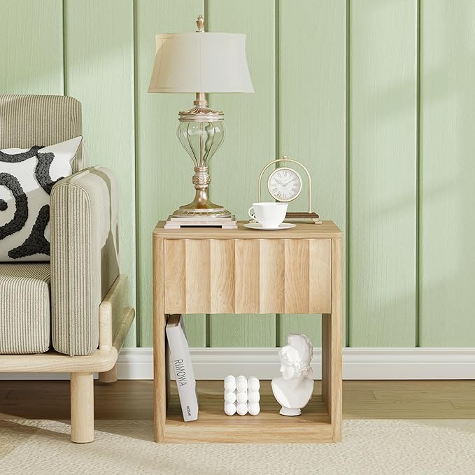 Fluted Dresser, Small Nightstands Set of 2, Natural Bedside Table with Drawer and Storage, Mid Century Modern Side Table for Bedroom Living Room Sofa