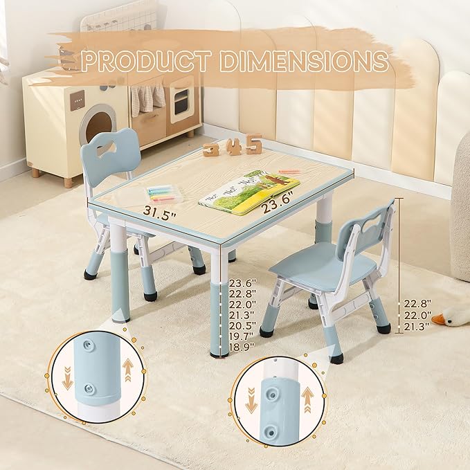Kids Table and 2 Chairs Set, Height Adjustable Toddler Chairs, Graffiti Desktop Study With Anti-Slip Foot Covers, Children Activity Set for Ages 2-10, Blue Grey