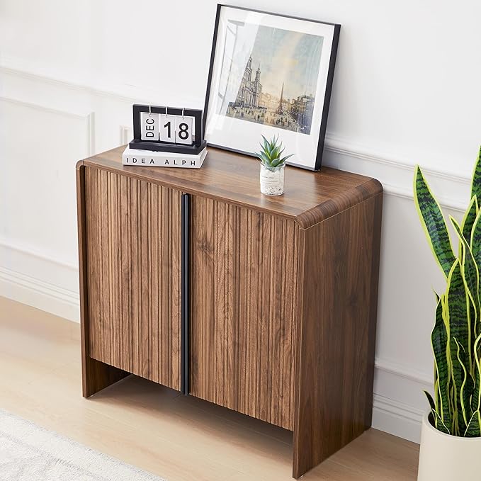 BERRYMERRY 2 Door Fluted Sideboard Buffet Cabinet with Storage, Modern Wood Cabinet with Adjustable Shelves for Living Room, Dining Room (Brown 2 Doors)