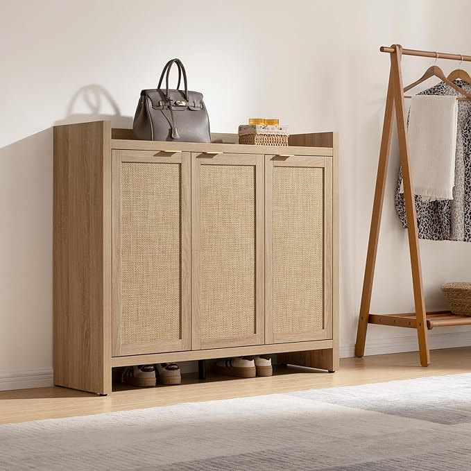 SICOTAS Shoe Storage Cabinet Set of 2, Large Tall Shoe Cabinet, Rattan Shoe Cabinet Storage for Entryway, Farmhouse Cabinet with Doors and Adjustable Shelves for Entryway Hallway, Light Oak