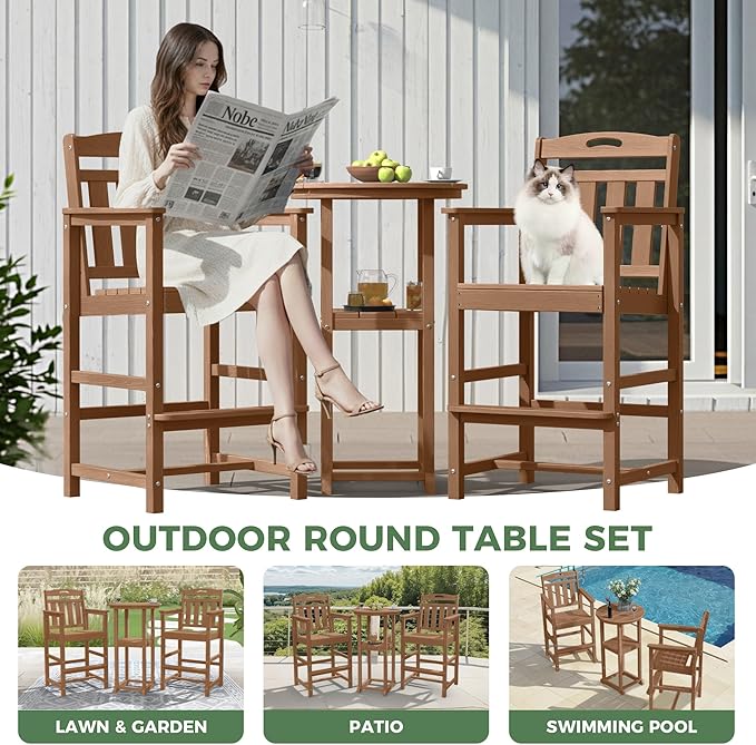 HDPE Outdoor Patio Tall Adirondack Bar Chairs Set of 2, All-Weather Bar Height Balcony Adirondack Stools for Bistro, Garden, Backyard, Pool, Deck | Teak