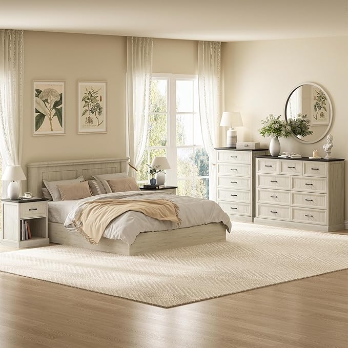 CARPETNAL Farmhouse Dresser and Nightstand Sets for Bedroom, 4 Pcs Bedroom Set, 5 Drawer & 9 Drawer Dresser and Nightstand Set of 2, Wood Chest of Drawers for Living Room, Entryway, White