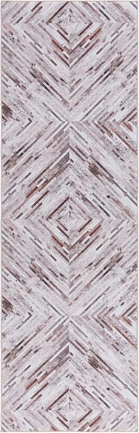 SAFAVIEH Washable Rug Faux Hide Collection - 2'6" x 12' Runner, Beige & Brown, Slip Resistant, Western Rustic Decor, Printed Pattern, Ideal for Living Room, Bedroom, Office, Dining Space (FAH526A)