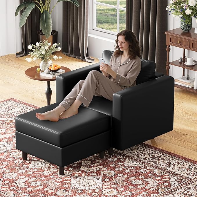 ABCASA Faux Leather Oversized Accent Chair with Storage Deep Seat Single Sofa Large Reading Armchair for Living Room Bedroom Office Black
