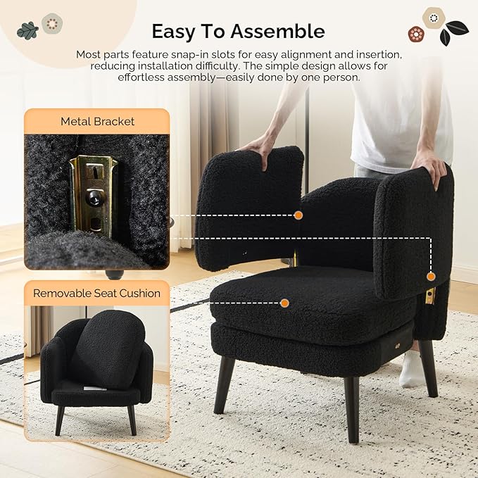 VINGLI 30.3" Wide Modern Barrel Accent Armchairs Set of 2 with Track Armrest, Solid Wooden Legs, Comfy Upholstered Club Chairs, Single Home Sofa for Living Room, Bedroom, Reading,Teddy Fleece Black