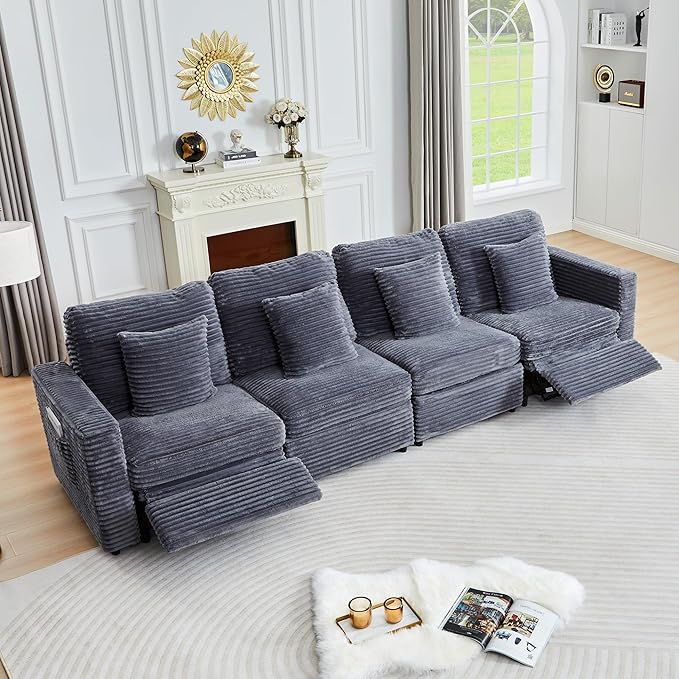 Oversized Corner Modular Sectional Sofa, L Shape Plush Corduroy Fluffy Sectional Couch with Pillows, 5 Seat Modular Sofa with Deep Seat for Living Room-Blue Grey