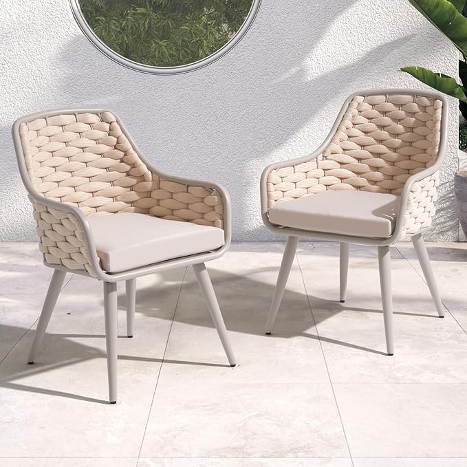 SUNSITT Contemporary Outdoor Dining Chairs Set of 2, Metal Patio Dining Chairs with Weather-Resistant Cushions, Woven Rope Chairs in Champagne