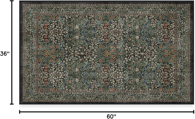 RUGGABLE x Morris & Co Washable Area Rug – Blackthorn Forest Green 3x5, Stain-Resistant, Non-Slip – Small Machine Washable Rugs for Living Room, Bedroom, Hallway, Entryway & Office–with Standard Pad