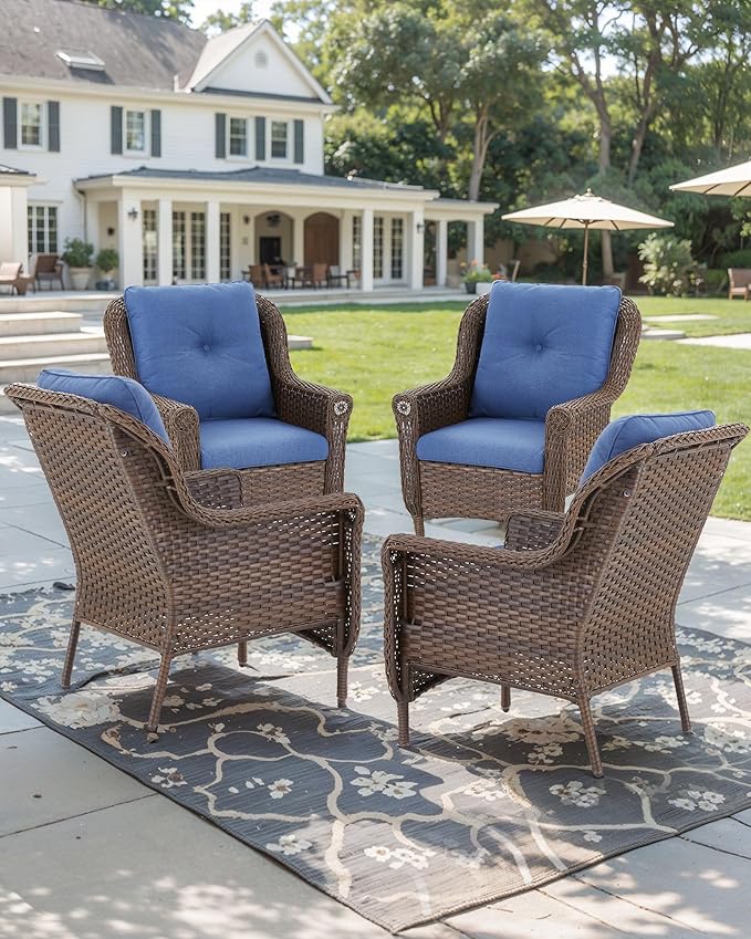 Patio Wicker Chairs Outdoor Furniture Chair - Set of 4 Outside All Weather Lawn Dining Brown Rattan Armchair with High Back&Deep Seating for Deck Porch Balcony Backyard Garden - Navy Blue