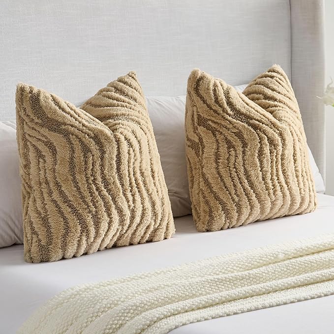 FUTEI Khaki Decorative Throw Pillow Covers 16x16 Inch Set of 2,Soft Faux Fur Geometric Shapes Texture Cushion Case,Boho Home Decor for Couch Bed Living Room