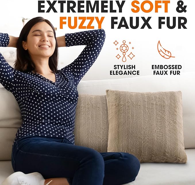 Cheer Collection Faux Fur Throw Pillows - Decorative Pillows for Couch, Bed Throw Pillows, Sand Accent Pillows for Bedroom or Living Room Aesthetic, Set of 2 Furry Throw Pillows, 16" x 16"