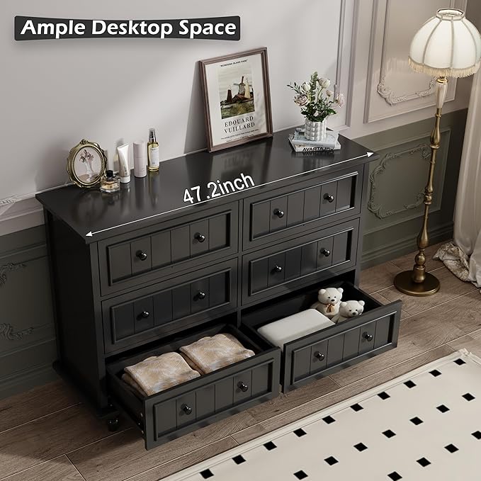 Scurrty Antique 6 Drawer Dresser, Modern Chest of Drawers, Large Cabinet with Storage, Big Dresser for Clothes in Living Room, Bedroom (Black)