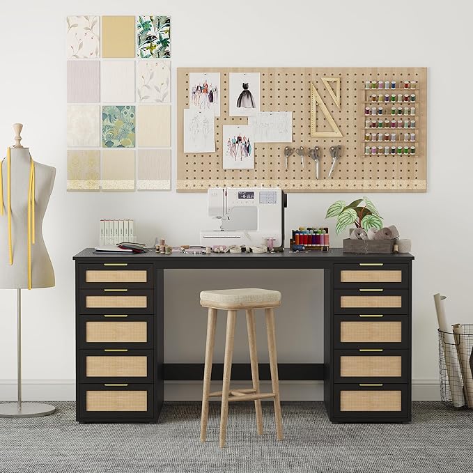 WOPITUES 60" Boho Home Office Desk with 10 Wooden Drawers, Rattan Computer Writing Desk with Power Outlets, Large Executive Desk with Storage Cabinet for Work Study Writing Craft, Black