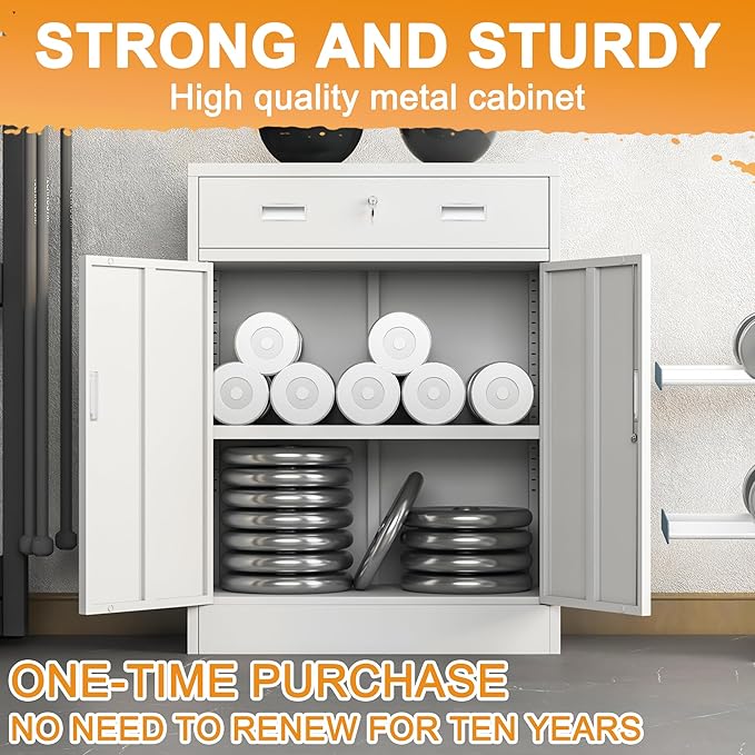 Metal Storage Cabinet with Drawer, 36" H White Locking Metal Cabinet, Adjustable Shelf File Cabinet Cabinet with Doors for Home Office, Garage, Warehouse, Laundry Room, Basement