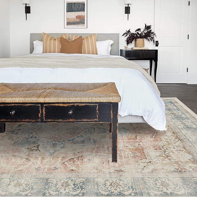 RUGGABLE Washable Vintage Area Rug – Sarrah Coral 8x10, Stain-Resistant, Non-Slip – Large Machine Washable Rugs for Living Room, Bedroom, Hallway, Entryway & Office–with Cushioned Pad