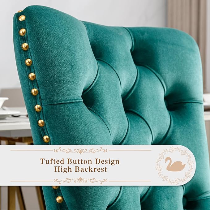 Velvet Upholstered Dining Chairs Set of 8, Modern Style Kitchen Side Chairs with Nailhead Trim and Gold Plated Leg, Metal Pulling Ring for Dining Room Living Room(Green)