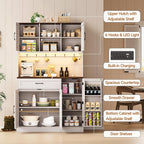ONBRILL 71" Pantry Cabinet, Kitchen Pantry Storage Cabinet with LED Light & Outlet, Kitchen Hutch with Microwave Shelf & 6 Hook, Door Shelf & Drawer & Adjustable Shelf, Dining Room, Off White+Walnut