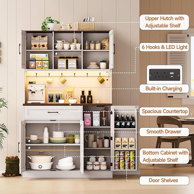 ONBRILL 71" Pantry Cabinet, Kitchen Pantry Storage Cabinet with LED Light & Outlet, Kitchen Hutch with Microwave Shelf & 6 Hook, Door Shelf & Drawer & Adjustable Shelf, Dining Room, Off White+Walnut