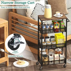 Slim Storage Cart 4 Tier Fruit and Vegetable Baskets for Kitchen Small Space, Narrow Laundry Cart on Wheels with Wooden Top and Metal Handle for Pantry, Bathroom, Laundry Room