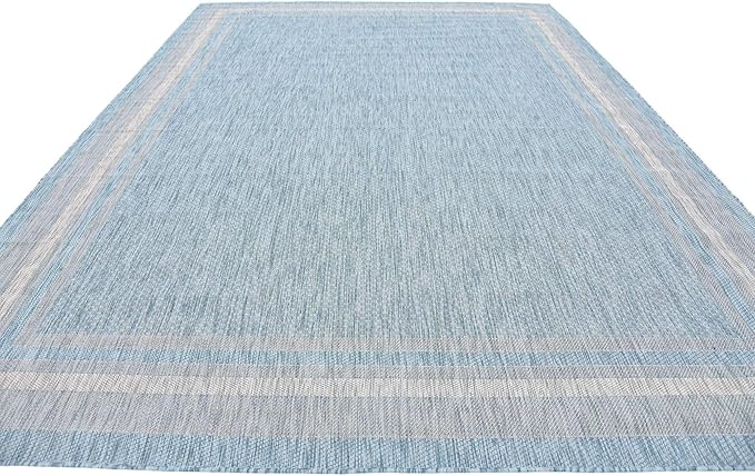 Unique Loom Outdoor Border Collection Area Rug - Soft Border (9'x 12' Rectangle, Aquamarine/ Ivory)