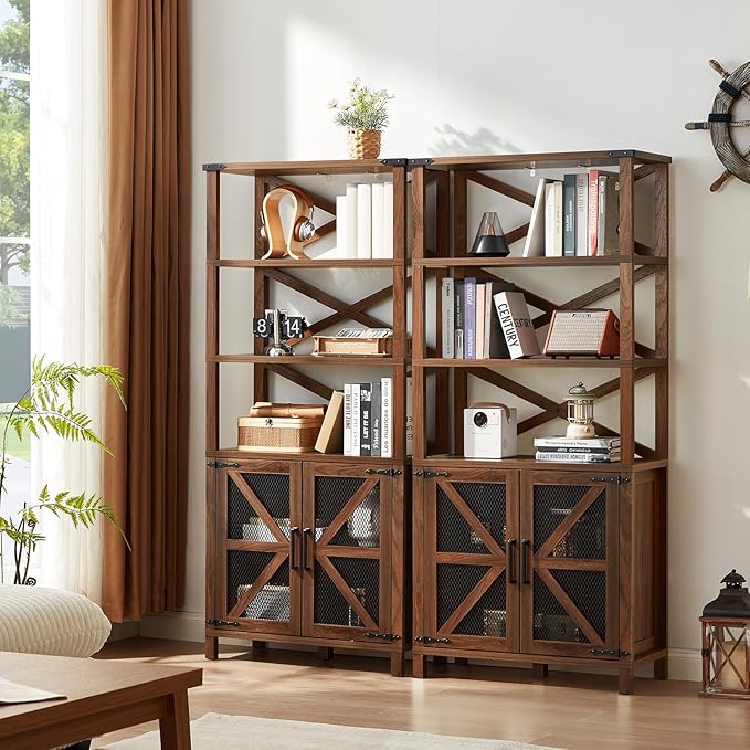 5 Tier Bookshelf 70" Tall Bookcase with Barn Doors,Large Farmhouse Display Book Shelf with Adjustable Shelves and Storage Cabinet，Library Wood Bookshelves for Living Room,Kitchen,Brown(3PCS)