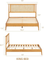 NTC Ruby Wooden Bed Frame with Headboard and Natural Rattan, Solid Oak/Rubber Wood Foundation with Silent Slats, 1000 Lb Capacity, Effortless Assembly - King - Rustic Oak