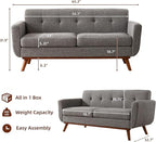 Tbfit Loveseat Sofa, 65" W Mid Century Modern Love Seat Small Loveseat for Bedroom, Button Tufted Upholstered Small Couch Sofa for Living Room, Grey