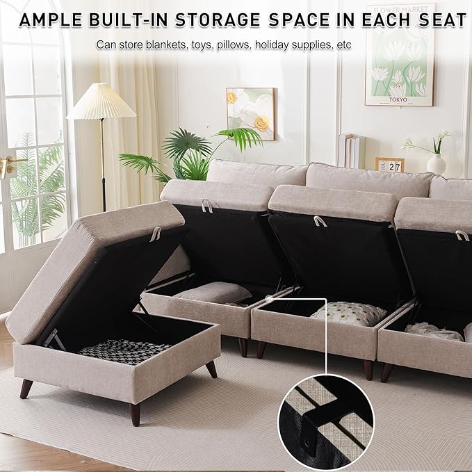 104'' Modular Sectional Sofa with All Seats Storage, Oversized Sleeper Sofa Bed for Living Room,3-Seater Comfy Cloud Couches with Movable Ottoman,Big Sectional for Bedroom,Velet,Khaki