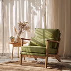 VINGLI Solid Wood Wide Armrests Accent Chair,Upholstered Mid Century Modern Chair with Pillow,Comfy Reading Chair Farmhouse Arm Chair,Chairs Living Room,Bedroom,Guest Room,Linen Fabric,Dark Green