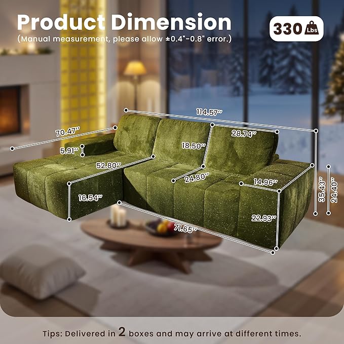 114" Glitter Cloud Sectional Couch with L-Shape Chaise, Modern Boneless Couches for Living Room Christmas Party, Fluffy Tufted Deep Seat Modular Sofa in a Box No Assembly