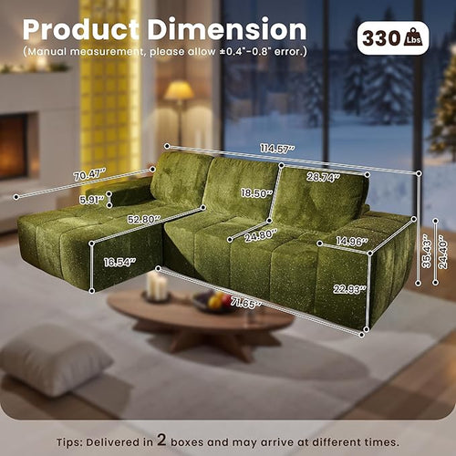 114" Glitter Cloud Sectional Couch with L-Shape Chaise, Modern Boneless Couches for Living Room Christmas Party, Fluffy Tufted Deep Seat Modular Sofa in a Box No Assembly