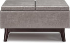SIMPLIHOME Owen 34 inch Wide Mid Century Modern Rectangle Tray Top Small Coffee Table Storage Ottoman in Distressed Grey Vegan Faux Leather, Assembled, For the Living Room, Entryway and Family Room