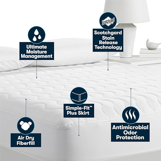Serta Air Dry Basic Comfort Performance Fabric Quilted Mattress Pad, Cooling and Breathable Mattress Cover, Moisture Wicking Protection with 15" Deep Pocket, Full, White