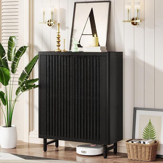 Tribesigns 6-Tier Shoe Cabinet with Shutter Doors, Large Wooden Shoe Organizer Rack with Adjustable Shelves, Modern Farmhouse Hidden Storage Furniture for Entryway, Hallway (Black)