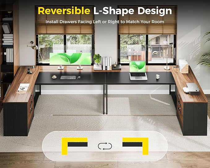 AODK L Shaped Desk with Wood Drawers & Lockable File Cabinet, 61-inch L Shaped Office Desk with Power Outlet & CPU Stand, Reversible Corner Computer Desk with Storage, for Home Office, Walnut