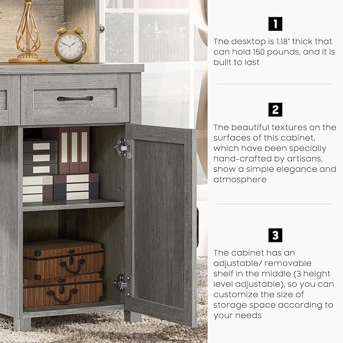 Farmhouse 67''H Executive Desk with Hutch & 5 Drawers, Rustic Office Desks Computer Desks with Charging Station, File Drawers and Storage Cabinets, Wood Workspace for Home Office & Study.(Grey)