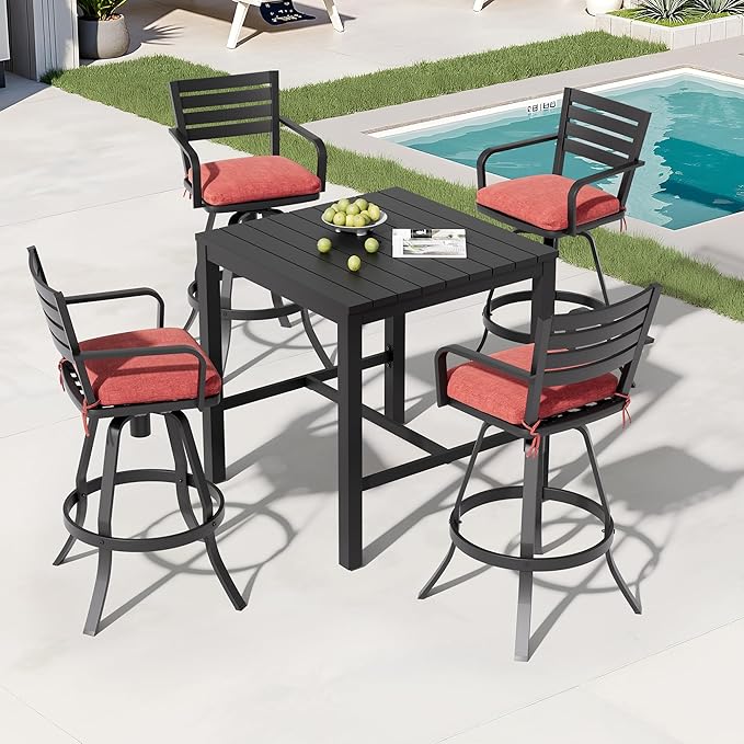 Pellebant Outdoor Swivel Barstools Set of 6, Aluminum 29.5" Bar Height Stool Chairs with Back & Footrest,Rust-Proof Tall Patio Bar Stools for Deck Lawn Garden, Red