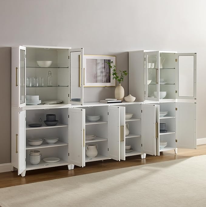 Crosley Furniture Roarke 3-Piece Modern Glass Door Sideboard Buffet Cabinet and Kitchen Storage Pantry Set, White