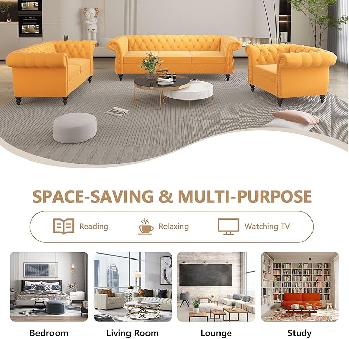 Home Sofa Living Room Furniture, 3 Seater 84" Velvet Upholstered Couch, Mid Century Modern Comfy Couch with Cushions, Classic Tufted Chesterfield Couches for Bedroom, Office, Apartment (Yellow)