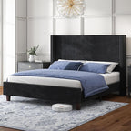 HOWE Queen Size Upholstered Bed Frame, Wingback Platform Bed with 50.8" Headboard, Corduroy/Solid Wood Leg/No Box Spring Needed/Noise Free/Black