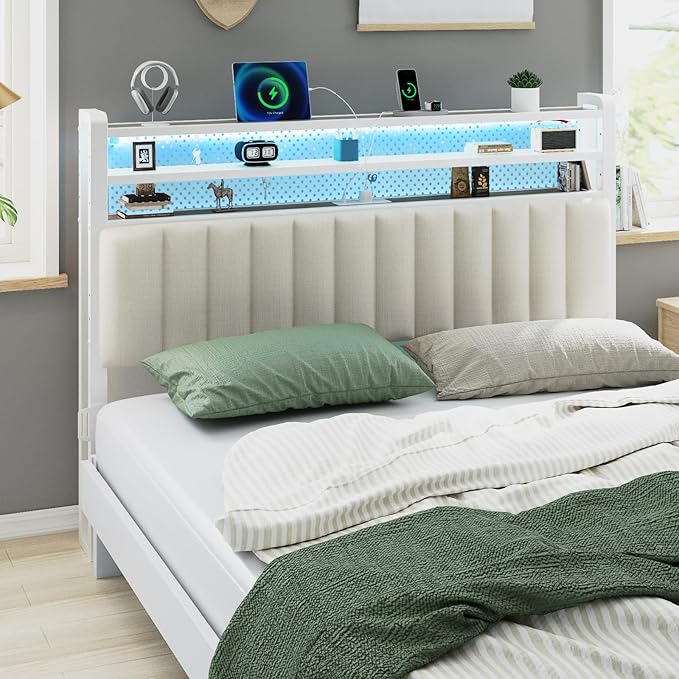 VINGLI King Size Headboard Only, Adjustable Upholstered Headboard with 3 Tier Shelves and Pegboard with Charging Stations and LED Lights, Modern Bed Headboard with Storage for Bedroom Decor