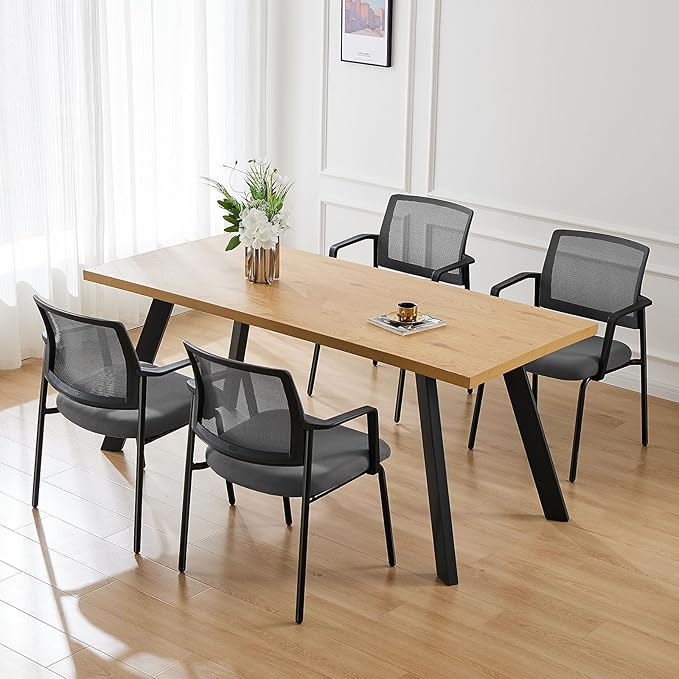 DUMOS Grey Stackable Arm Chairs with Mesh Back and Upholstered Fabric, Sturdy Metal Frame, Easy to Store and Use, Perfect for Indoor and Outdoor Spaces, 2 Chair
