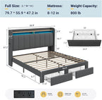 Allewie Vertical Tufted Full Size Upholstered Platform Bed Frame with 2-Tier LED Storage Headboard & 2 Storage Drawers, USB & Type-C Charging Ports, Noise-Free/No Box Spring Needed, Dark Grey