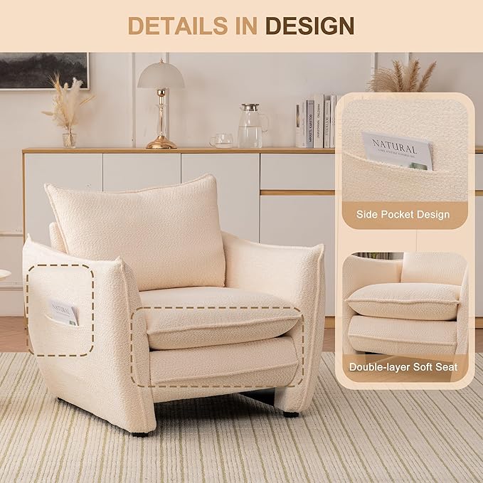 Oversized Accent Chair, Modern Single Sofa Cloud Chairs with Removable Pillow, Deep Seat Comfy Armchair for Living Room Bedroom Reading Nook - Upholstered Lounge Chair (Beige)
