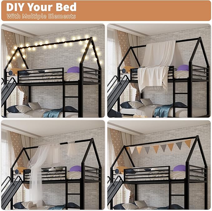 Twin Over Twin Bunk Bed with Slide,House Shaped Bedframe w/Ladder, Heavy Duty Low Bunk Bed Frame with Guardrail,No Box Spring Needed & Easy Assemble(Black)